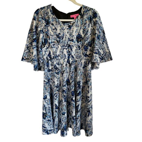 Betsey Johnson Dress Fit and Flare Blue Paisley Flutter Sleeves SZ 8 Boho Artsy - Picture 1 of 8